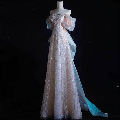 Off-The-Shoulder Faux Pearl Beaded A-Line Evening Gown