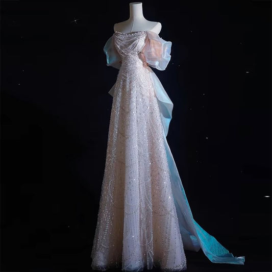 Off-The-Shoulder Faux Pearl Beaded A-Line Evening Gown
