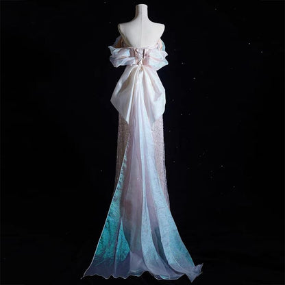 Off-The-Shoulder Faux Pearl Beaded A-Line Evening Gown