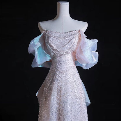 Off-The-Shoulder Faux Pearl Beaded A-Line Evening Gown
