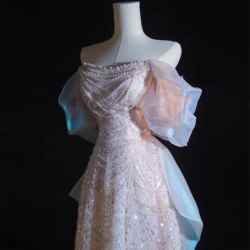 Off-The-Shoulder Faux Pearl Beaded A-Line Evening Gown