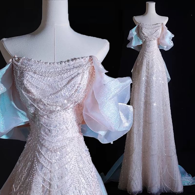Off-The-Shoulder Faux Pearl Beaded A-Line Evening Gown