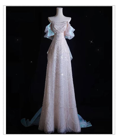 Off-The-Shoulder Faux Pearl Beaded A-Line Evening Gown