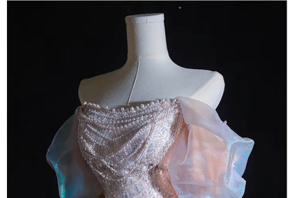 Off-The-Shoulder Faux Pearl Beaded A-Line Evening Gown