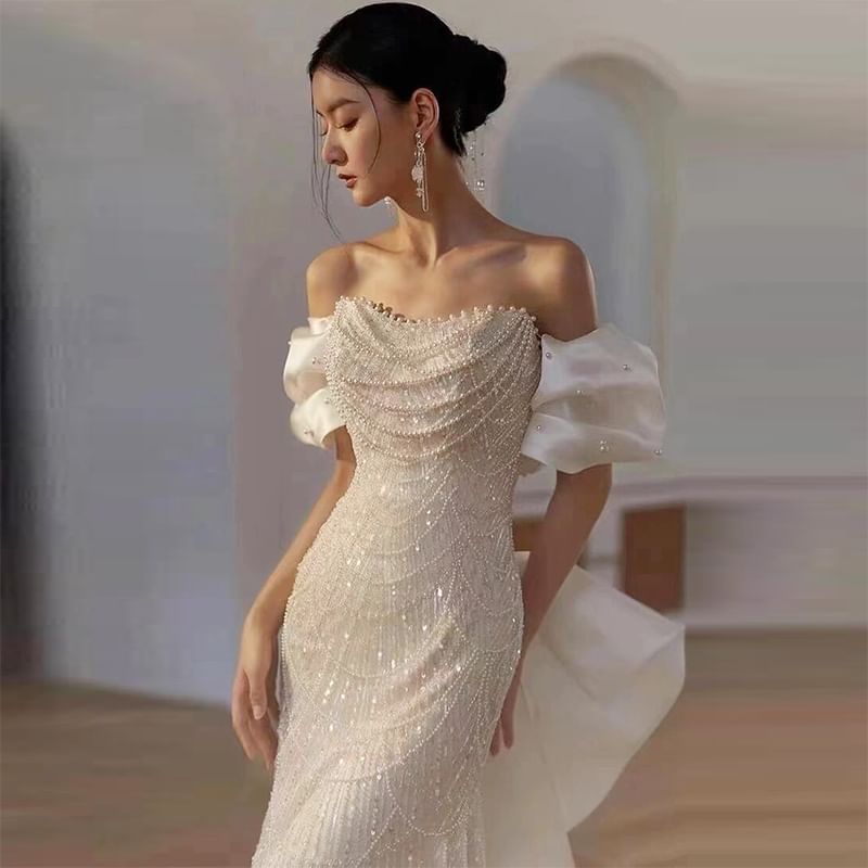 Off Shoulder Faux Pearl Bowknot Sheath Evening Gown