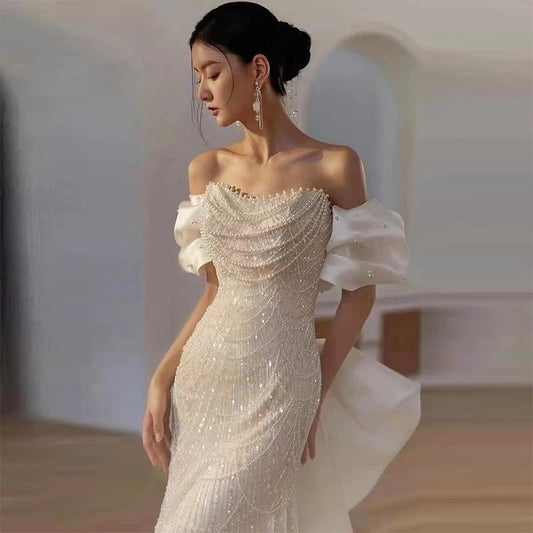Off Shoulder Faux Pearl Bowknot Sheath Evening Gown