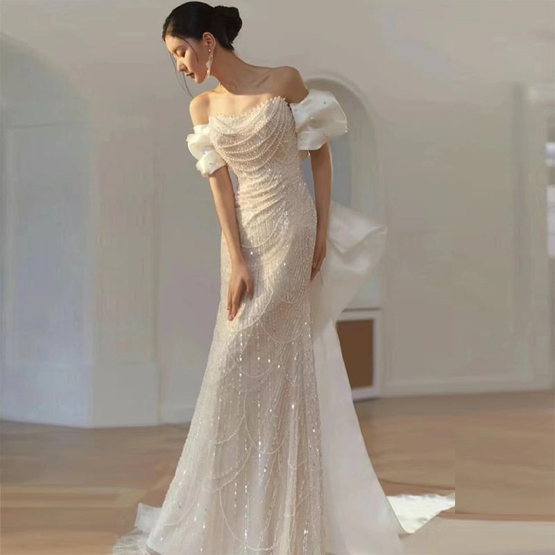 Off Shoulder Faux Pearl Bowknot Sheath Evening Gown