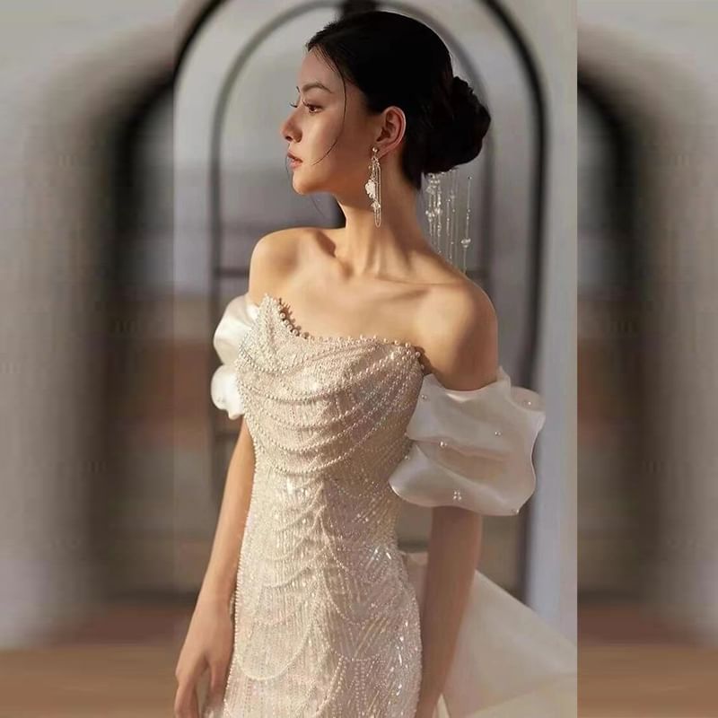 Off Shoulder Faux Pearl Bowknot Sheath Evening Gown