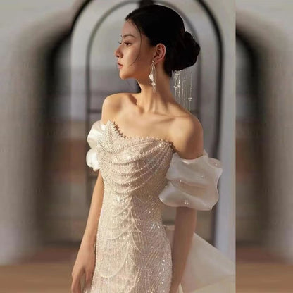Off Shoulder Faux Pearl Bowknot Sheath Evening Gown