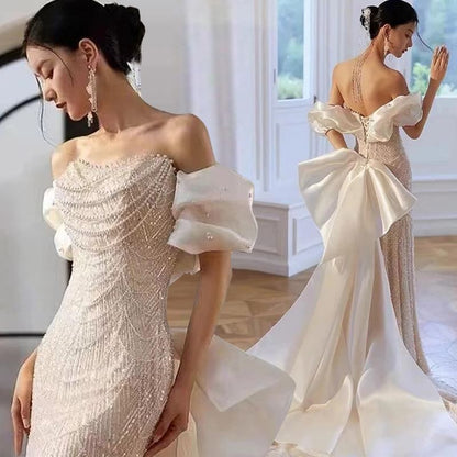Off Shoulder Faux Pearl Bowknot Sheath Evening Gown