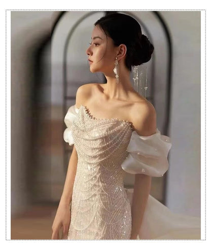 Off Shoulder Faux Pearl Bowknot Sheath Evening Gown