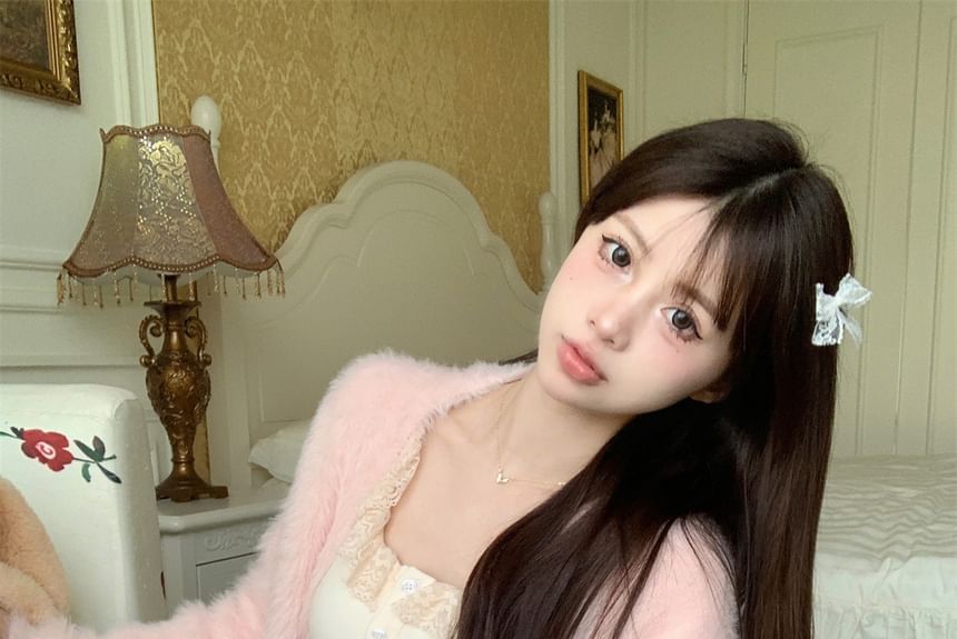 Plain Fluffy Open Front Cardigan / Lace Trim Cami Top / High Waist Ruffle Mini A-Line Skirt