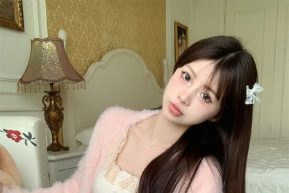 Plain Fluffy Open Front Cardigan / Lace Trim Cami Top / High Waist Ruffle Mini A-Line Skirt