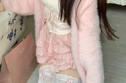 Plain Fluffy Open Front Cardigan / Lace Trim Cami Top / High Waist Ruffle Mini A-Line Skirt