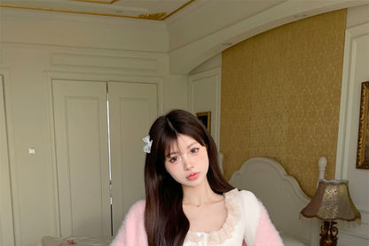 Plain Fluffy Open Front Cardigan / Lace Trim Cami Top / High Waist Ruffle Mini A-Line Skirt