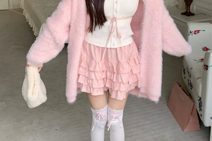 Plain Fluffy Open Front Cardigan / Lace Trim Cami Top / High Waist Ruffle Mini A-Line Skirt