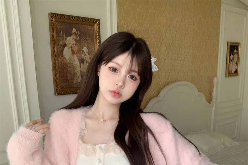 Plain Fluffy Open Front Cardigan / Lace Trim Cami Top / High Waist Ruffle Mini A-Line Skirt