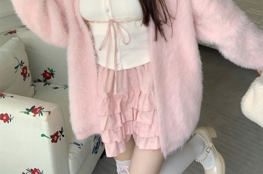 Plain Fluffy Open Front Cardigan / Lace Trim Cami Top / High Waist Ruffle Mini A-Line Skirt
