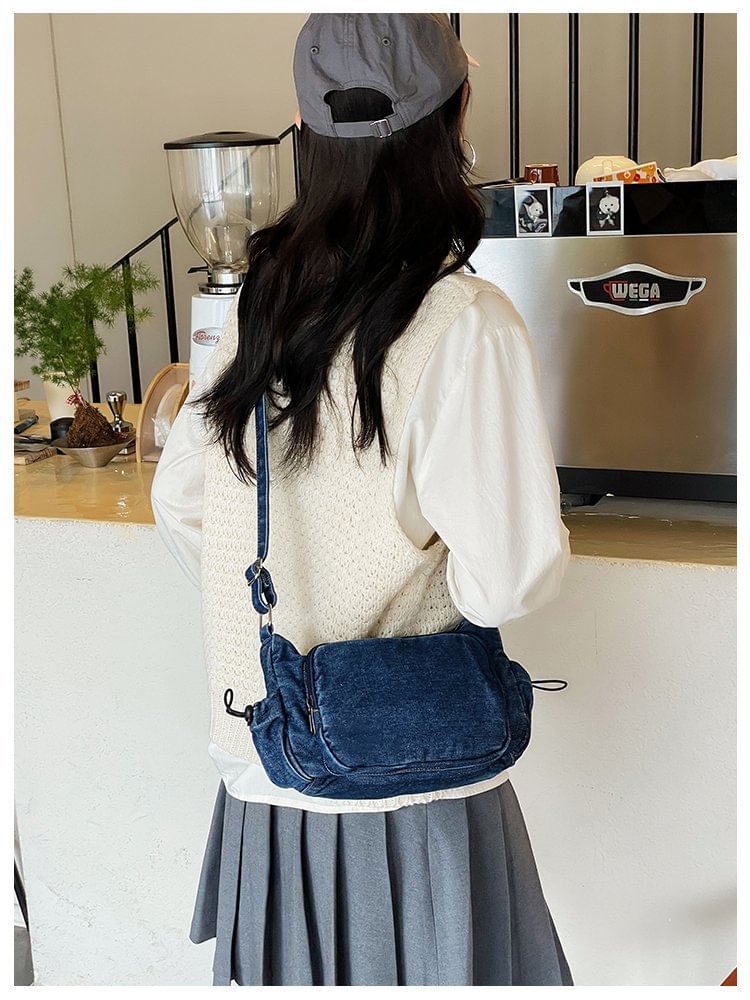 Multi-Pocket Drawstring Denim Crossbody Bag