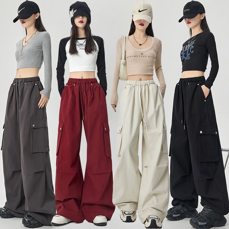 Drawstring Waist Plain Wide Leg Cargo Pants