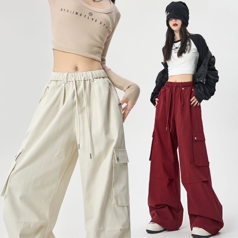 Drawstring Waist Plain Wide Leg Cargo Pants