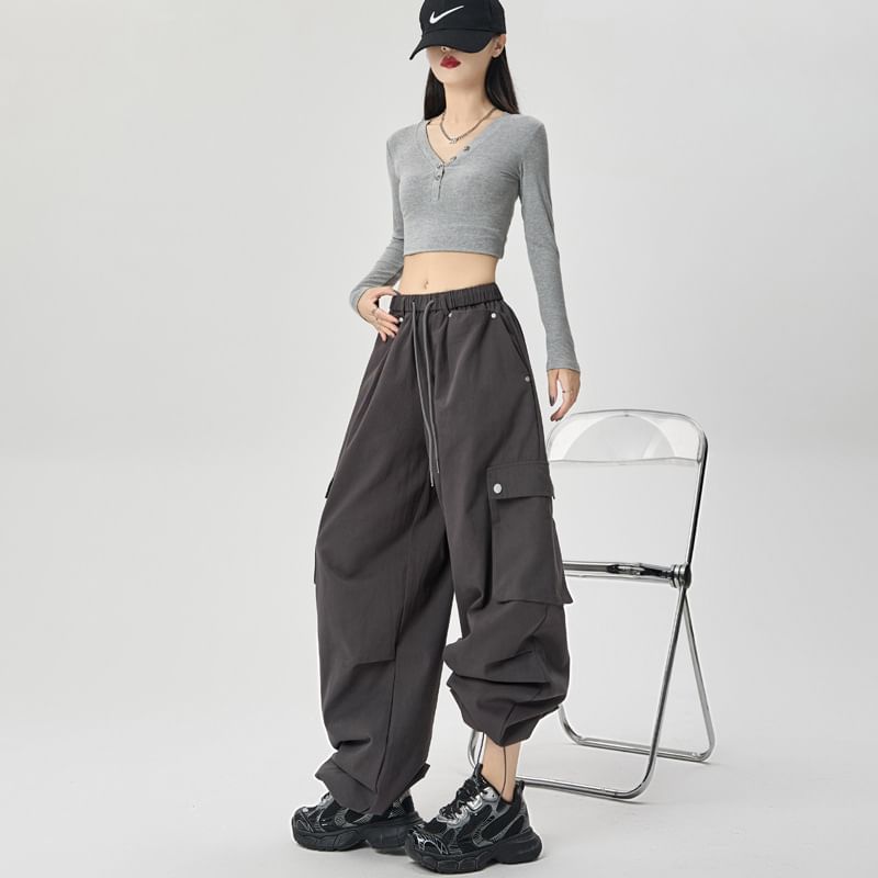 Drawstring Waist Plain Wide Leg Cargo Pants