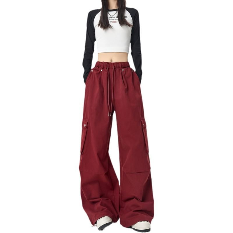 Drawstring Waist Plain Wide Leg Cargo Pants