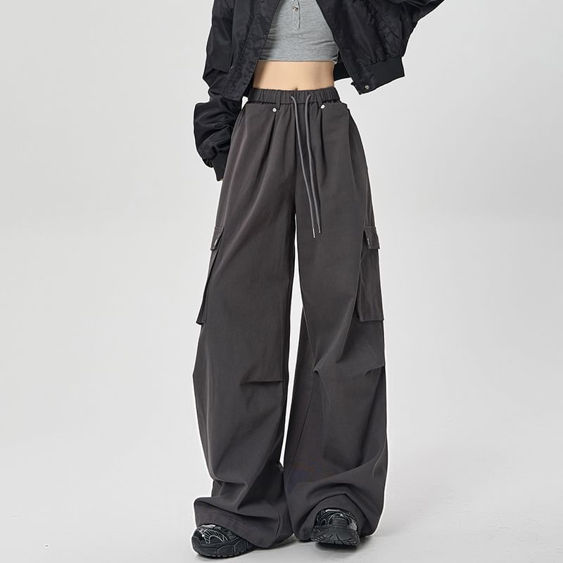 Drawstring Waist Plain Wide Leg Cargo Pants