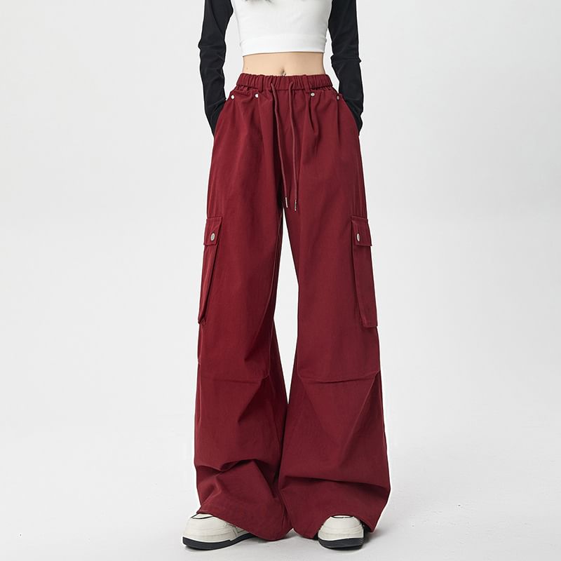 Drawstring Waist Plain Wide Leg Cargo Pants