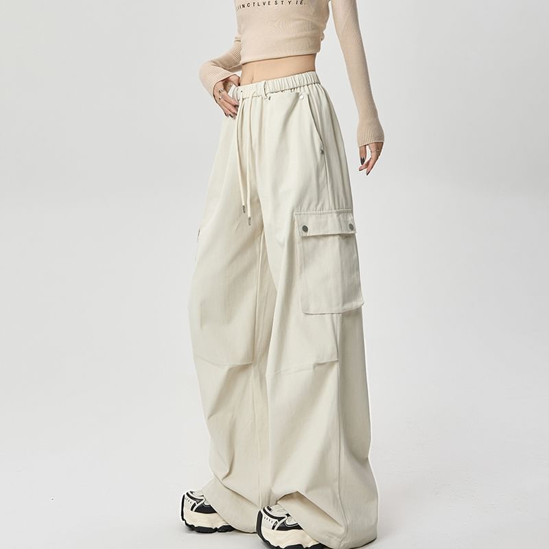 Drawstring Waist Plain Wide Leg Cargo Pants