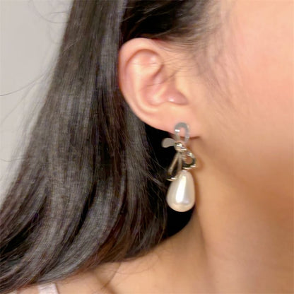 Bow Faux Pearl Drop Earring