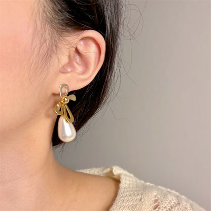 Bow Faux Pearl Drop Earring