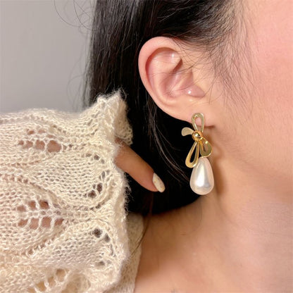 Bow Faux Pearl Drop Earring