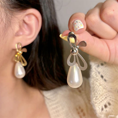 Bow Faux Pearl Drop Earring