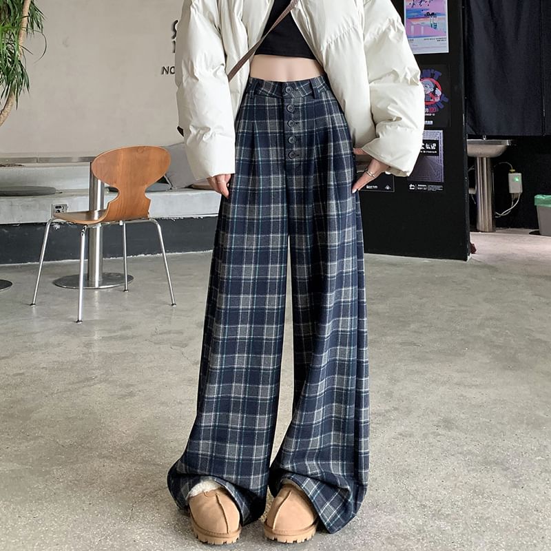 High Rise Plaid Wide Leg Dress Pants