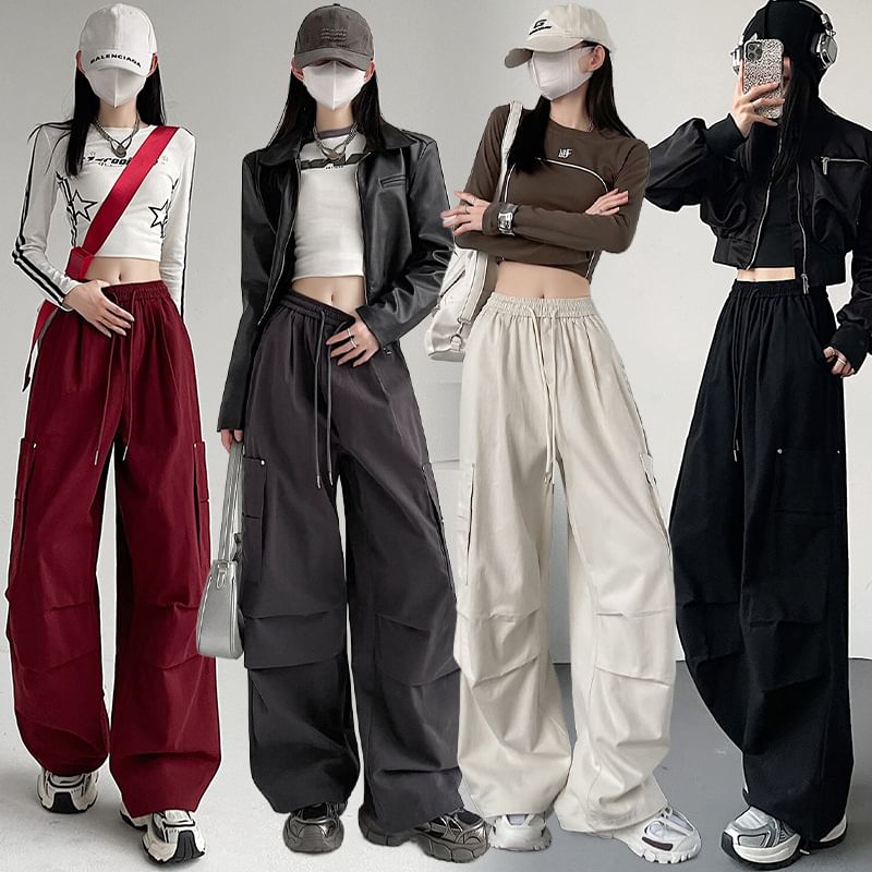 High Waist Plain Wide Leg Cargo Pants