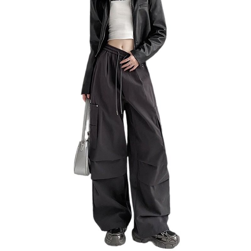 High Waist Plain Wide Leg Cargo Pants