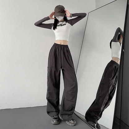 High Waist Plain Wide Leg Cargo Pants