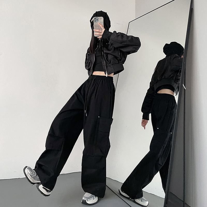 High Waist Plain Wide Leg Cargo Pants