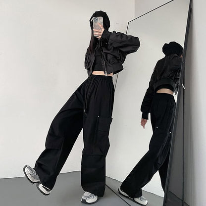 High Waist Plain Wide Leg Cargo Pants