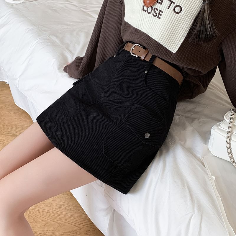 High Waist Plain Corduroy Mini A-Line Skirt