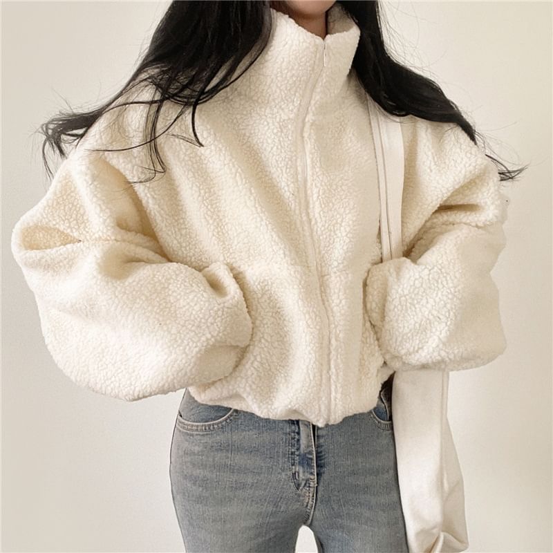 Collared Plain Zip Up Crop Teddy Jacket