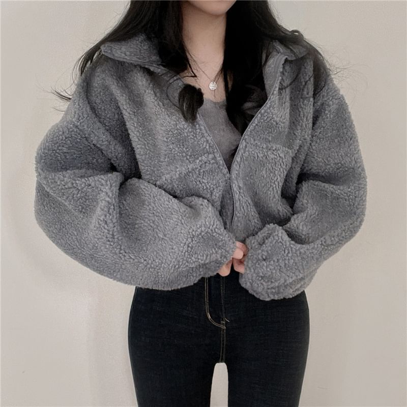Collared Plain Zip Up Crop Teddy Jacket