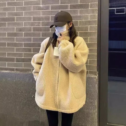 Stand Collar Plain Zip Up Oversized Teddy Jacket