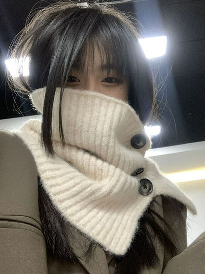 Plain Button Ribbed Knit Snood / Plaid Scarf