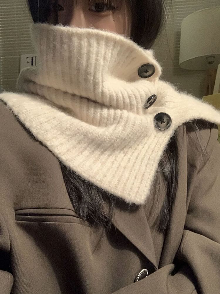 Plain Button Ribbed Knit Snood / Plaid Scarf