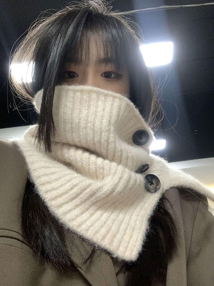 Plain Button Ribbed Knit Snood / Plaid Scarf