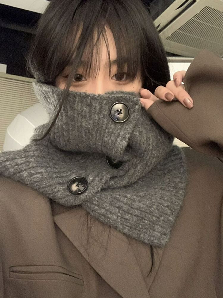 Plain Button Ribbed Knit Snood / Plaid Scarf