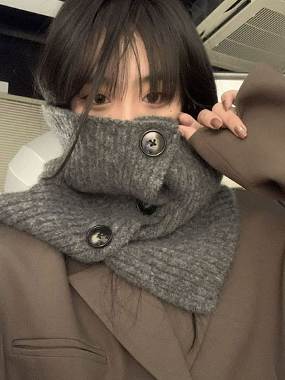 Plain Button Ribbed Knit Snood / Plaid Scarf