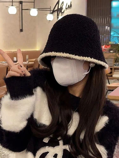 Contrast Trim Bucket Hat / Plain Ear Knit Hat